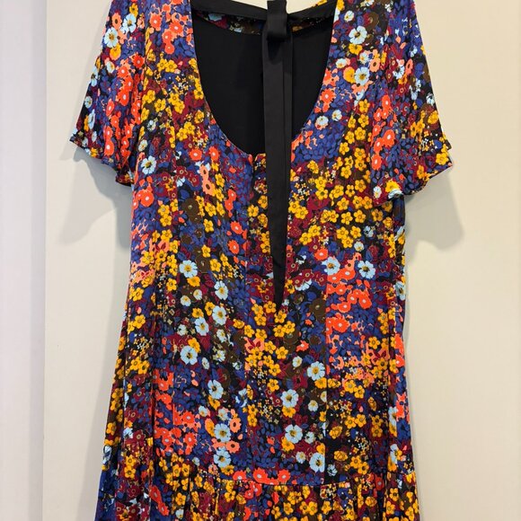 Anthropologie Ruffled Satin Mini Dress in Black Motif Size 14 - Picture 6 of 8